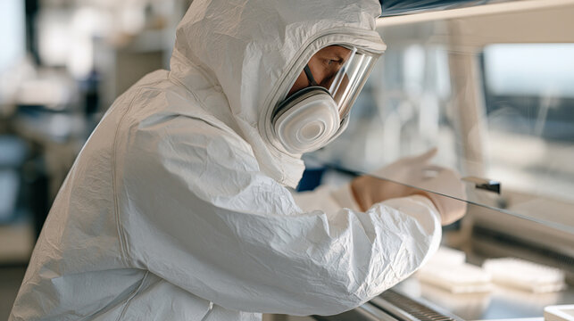South African virologist working with biosafety level three cabinet handling virus sample tubes, aerosol containment, infectious disease research institute, positive pressure