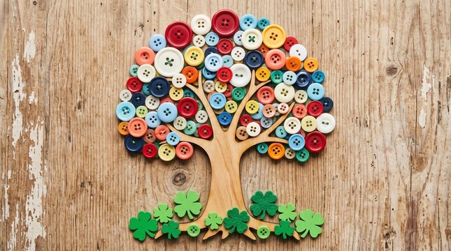 Creative craft concept with button tree, wooden tree ornament decorated with colorful sewing buttons on a textured wooden background
