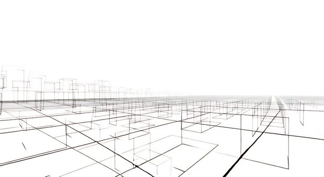 Wireframe perspective of abstract geometric shapes receding to the horizon