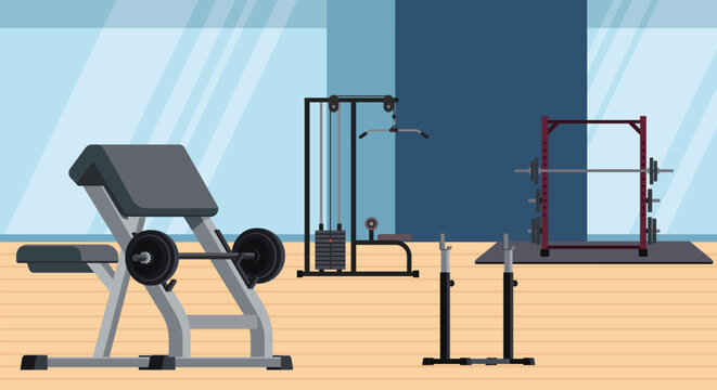gym interior for strength training and bodybuilding. preacher curl bench with a barbell, lat pulldown machine, power rack with weights, and squat stands on wooden flooring