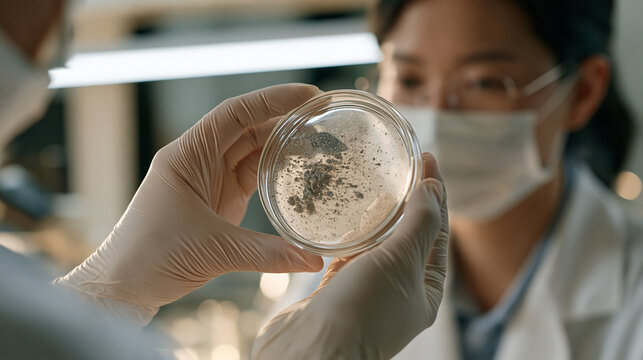 Overhead close up of a glass petri dish containing grey particulate matter collected from a city air filter, a Korean laboratory technician in latex gloves examining the sample