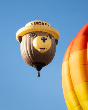 MONTAGUE CALIFORNIA SEPTEMBER 19, 2026 The Smokey Bear special shape hot air balloon, a U.S. Forest Service guest, flies during the morning launch at the 28th annual Montague Hot Air Balloon Fair.