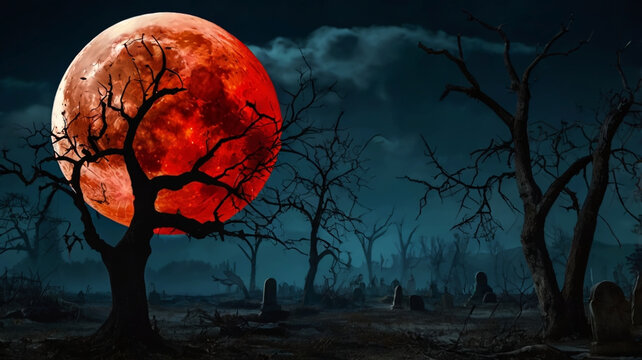 Eerie Blood Moon Rising Over A Dark Haunted Cemetery At Night