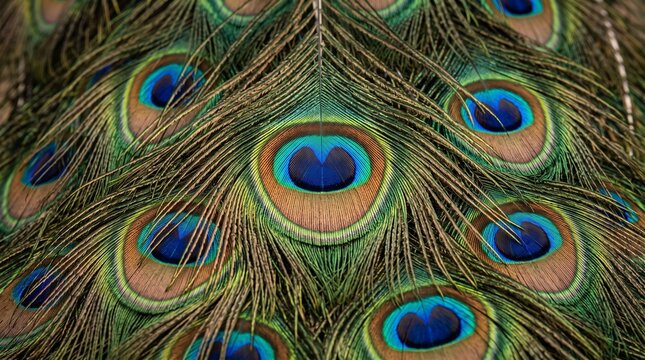 Vibrant peacock feather pattern, close-up of iridescent plumage texture, exotic bird background with natural eye motifs and colorful animal print