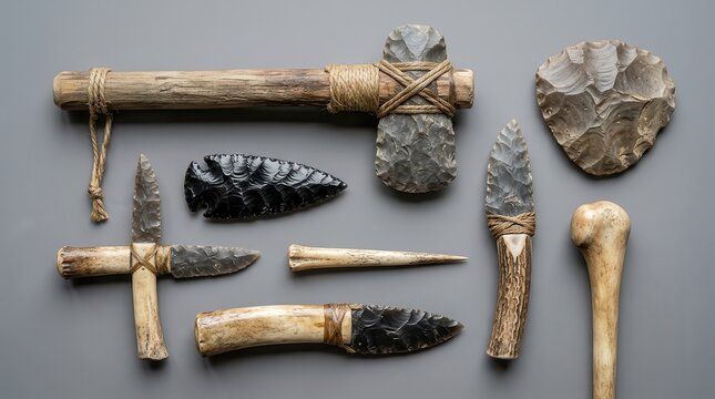 Collection of Ancient Prehistoric Stone Age Tools and Weapons Including Flint Axe, Obsidian Arrowhead, and Bone Knives