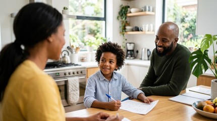 Fototapeta premium Happy African American Family Helping Young Son with Homework in Modern Kitchen Setting