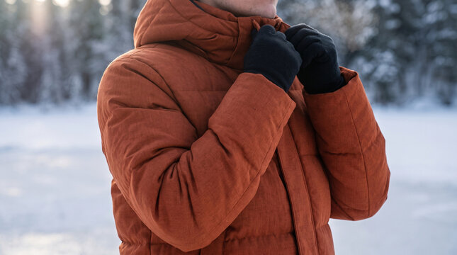 person wearing orange winter coat in snowy landscape
