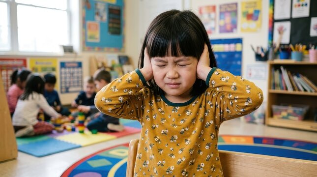 Young Asian Girl Covering Ears Due to Sensory Overload in a Busy Preschool Classroom Environment