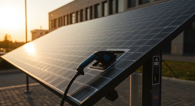 An electric vehicle charging station uses an integrated solar panel to provide renewable energy for charging. Concept of a self-sufficient solar EV charging point.