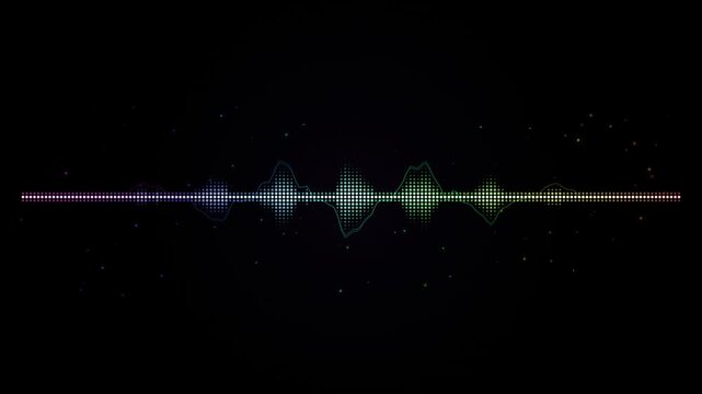 Abstract audio waveforms pulse with colorful digital sound waves against a dark background
