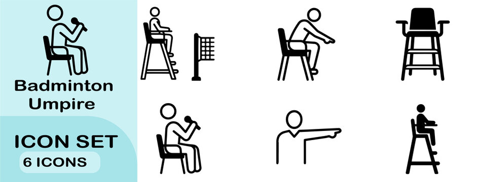 Badminton umpire icon set featuring professional officiating symbols for tournament sports.