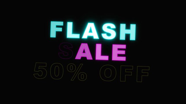 High-impact multi-color neon promotional video asset featuring 'FLASH SALE 50% OFF'. Includes organic mathematical light sweeps (Cyan, Magenta, Yellow) and multiple realistic faulty flickering neon tu