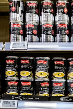 Waitrose UK Supermarket Shelves With Baxters Chef Tinned Soups