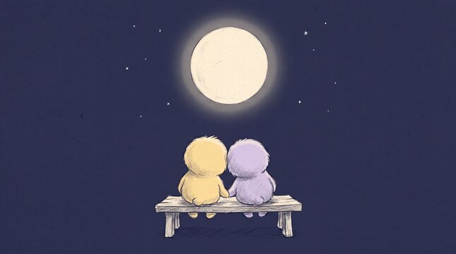 Two Friends Watching the Moon Under a Starry Night Sky