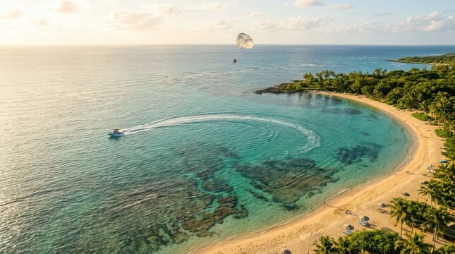 Parasailer soaring above turquoise tropical waters near a sandy beach with a speed boat creating a wake
