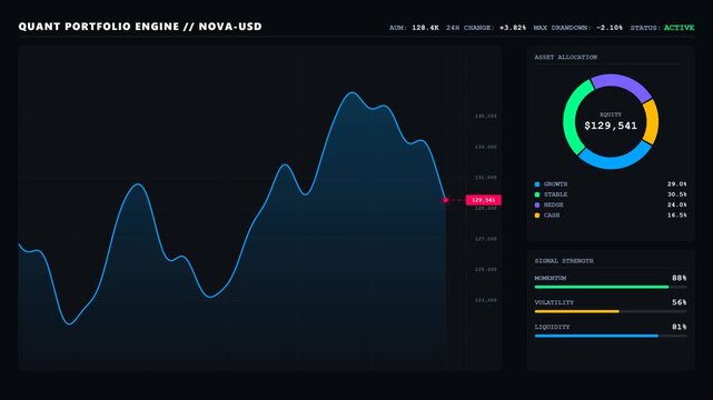 Futuristic portfolio performance dashboard HUD. Features a smoothly scrolling equity curve with live marker, a rotating asset allocation donut, and live signal strength meters. Clean flat design on a