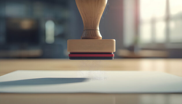 Classic wooden rubber stamp hovering above a blank paper sheet on a professional office desk isolated on transparent background