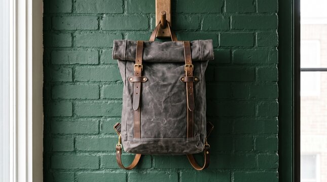 Gray canvas rolltop backpack featuring brown leather straps hanging neatly from wooden wall hook indoors