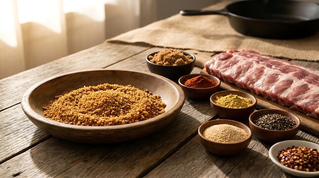 Various colorful spices and herbs in small bowls on a rustic wooden table in a bright home kitchen. pork rub ideas