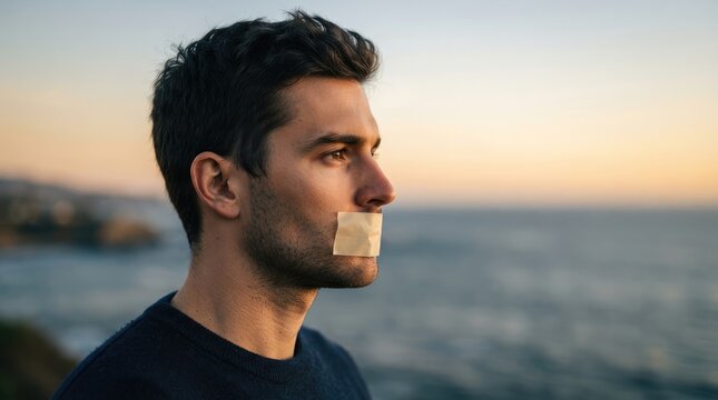Young handsome man wearing adhesive tape across his mouth outdoors near the ocean during sunset