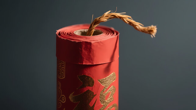 Red traditional firecracker with golden fu character