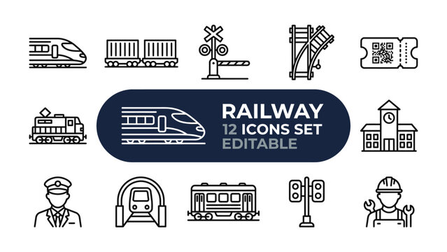 Railway Icons Set: A collection of modern, minimalist line art icons representing various aspects of the railway industry, including trains, station, ticket, and personnel.