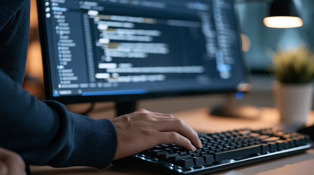 Close up of a software engineer's monitor showing a code review interface with multiple inline comments and suggested changes highlighted, a hand resting on a mechanical keyboard