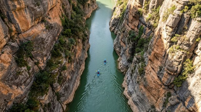 Two kayakers navigate a serene river flowing through a dramatic, narrow canyon with towering rock walls.