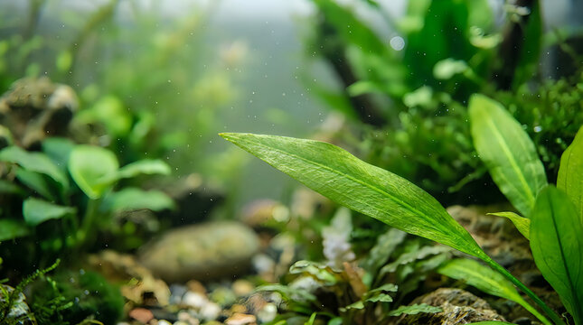 Lush green aquatic plants in a freshwater aquarium with soft sunlight