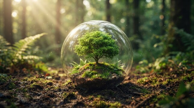 Miniature green tree safely protected inside fragile transparent glass sphere resting on forest floor