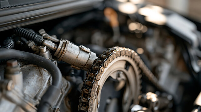 Macro view of a timing chain tensioner and camshaft sprocket inside an open engine valley, oil residue and wear patterns visible on the chain links under a workshop inspection