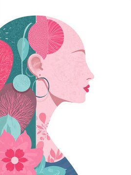 Illustration of Outubro rosa breast cancer awareness flyer template mixing organic and geometric shapes, side profile view
