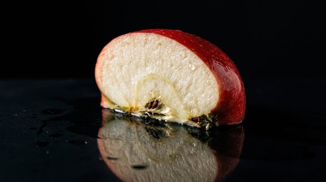 Freshly sliced vibrant red apple half displaying crisp white flesh, dark seeds, and glistening water droplets, resting on a wet reflective surface against a mysterious black background in a studio set
