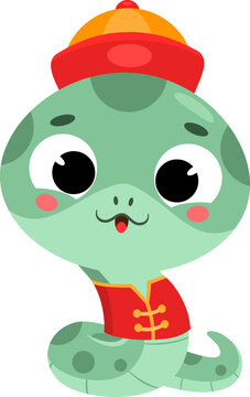 Cute Chinese Zodiac Snake Cartoon Character with Traditional Costume - Vector Illustration Flat Design Isolated On Transparent Background