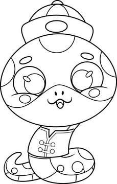 Chinese Zodiac Snake Cartoon Character with Traditional Costume. Vector Hand Drawn Illustration Isolated On Transparent Background