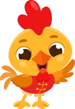 Cute Chinese Zodiac Rooster Cartoon Character with Traditional Costume - Vector Illustration Flat Design Isolated On Transparent Background