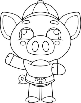 Chinese Zodiac Pig Cartoon Character with Traditional Costume and Gold Ingot. Vector Hand Drawn Illustration Isolated On Transparent Background