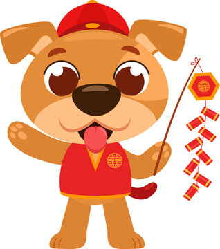 Cute Chinese Zodiac Dog Cartoon Character with Traditional Costume and Firecrackers - Vector Illustration Flat Design Isolated On Transparent Background