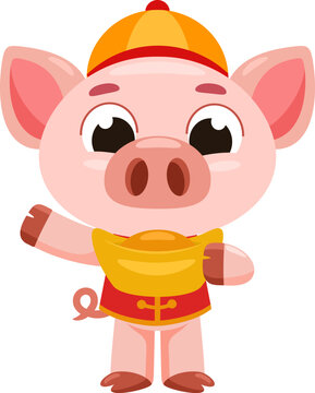 Cute Chinese Zodiac Pig Cartoon Character with Traditional Costume and Gold Ingot - Vector Illustration Flat Design Isolated On Transparent Background
