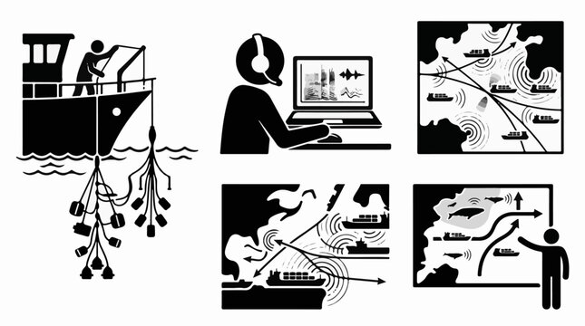 Minimalist line art marine bioacoustics monitoring ecology icons black gray