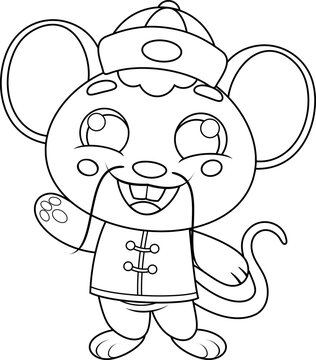 Chinese Zodiac Rat Cartoon Character with Traditional Costume. Vector Hand Drawn Illustration Isolated On Transparent Background