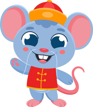 Cute Chinese Zodiac Rat Cartoon Character with Traditional Costume - Vector Illustration Flat Design Isolated On Transparent Background