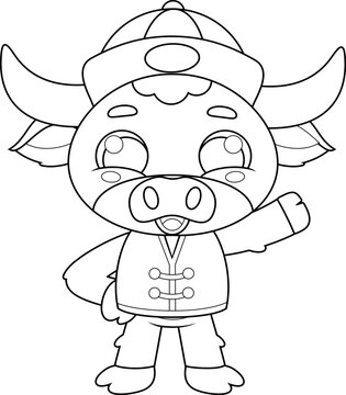 Chinese New Year Ox Cartoon Character With Sign. Vector Hand Drawn Illustration Isolated On Transparent Background
