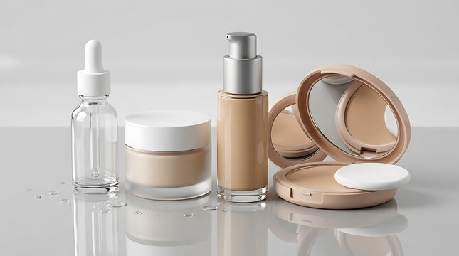 Set of cosmetic bottles and face powder compact with mirror for skin care and makeup routine collection. skincare foundation combo