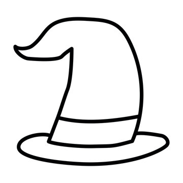 Hand-drawn doodle outline witch hat with a curved tip and a wide brim illustration. Halloween vector icon. 