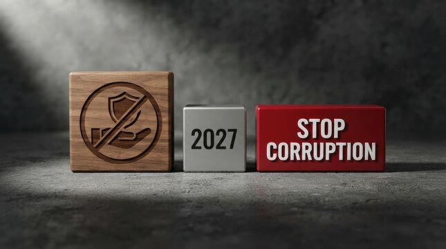 Wooden block with prohibition symbol alongside metal block displaying year 2027 and stop corruption text