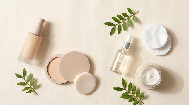 Natural skin care products with cream serum foundation and green leaves on a soft beige neutral background. skincare foundation combo