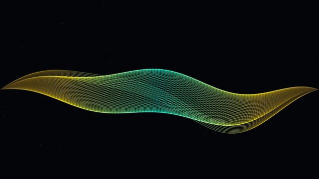 Seamless loop of an elegant, futuristic 3D mesh ribbon made of glowing gold and cyan lines undulating against a dark space background with floating particles. Perfect for technology, AI, and luxury pr