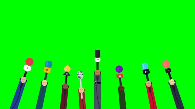 Animated hands holding microphones for press interview on green screen