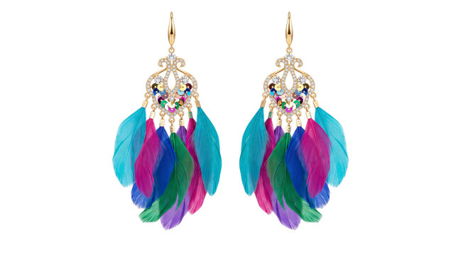 Bohemian style feather earrings with rhinestones isolated on transparent background